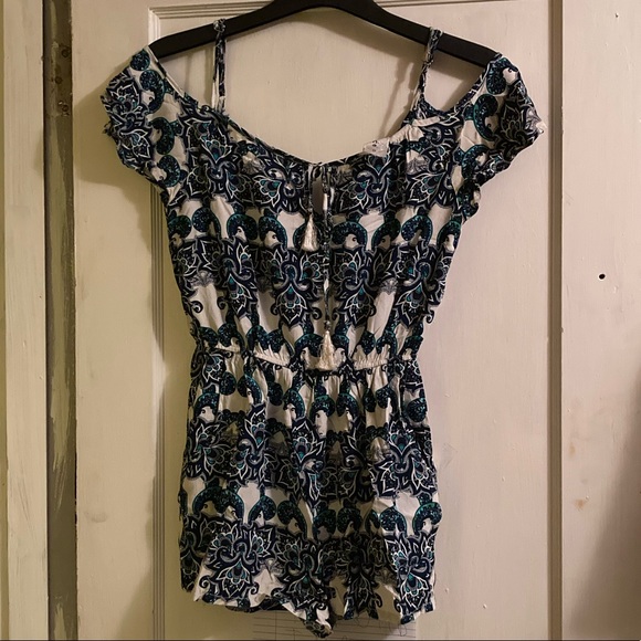 Saće Women’s Casual Off Shoulder Romper Blue and White Print S - Picture 3 of 4